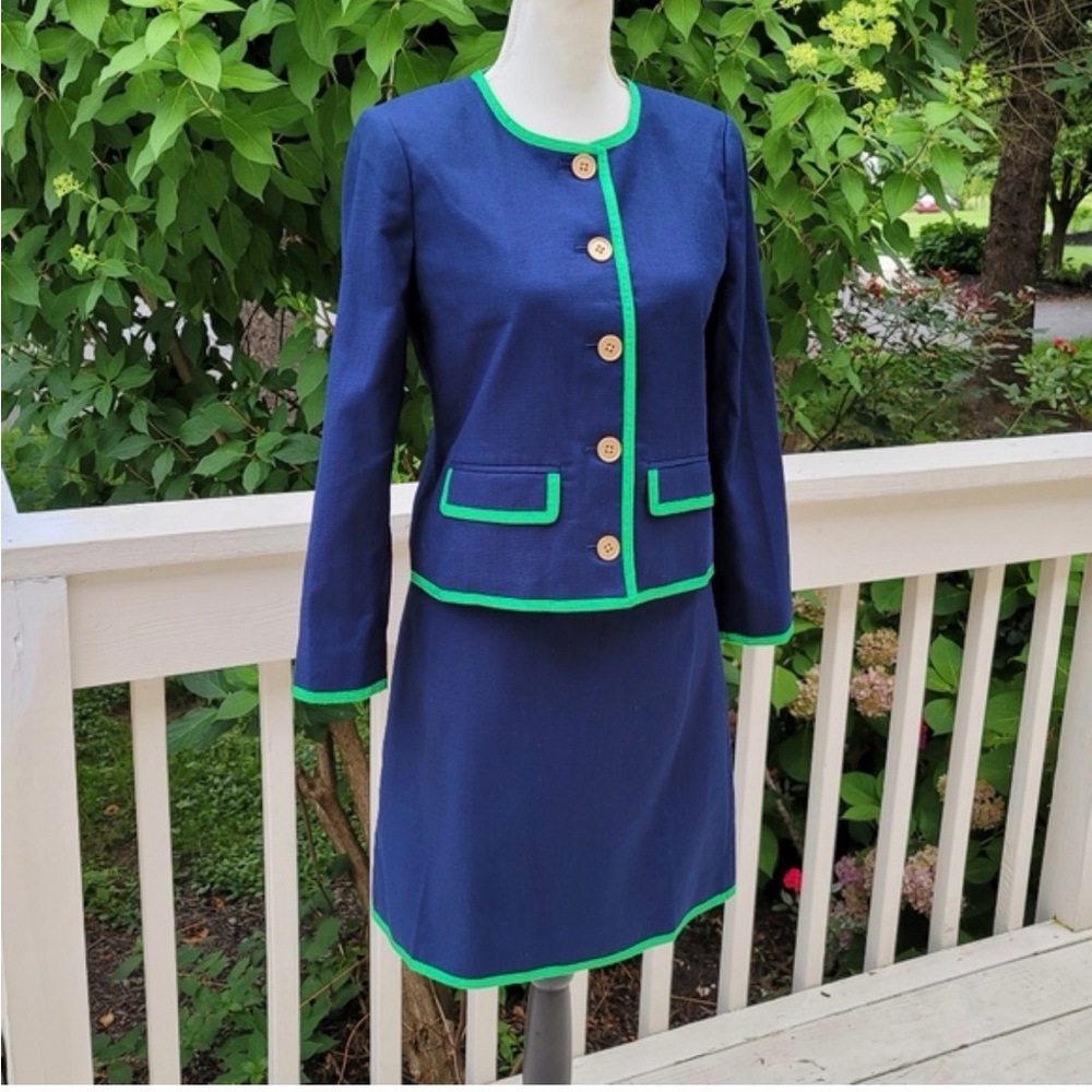 J. Crew Navy Tipped Lady Jacket and Skirt Set with Green Trim - Picture 3 of 8